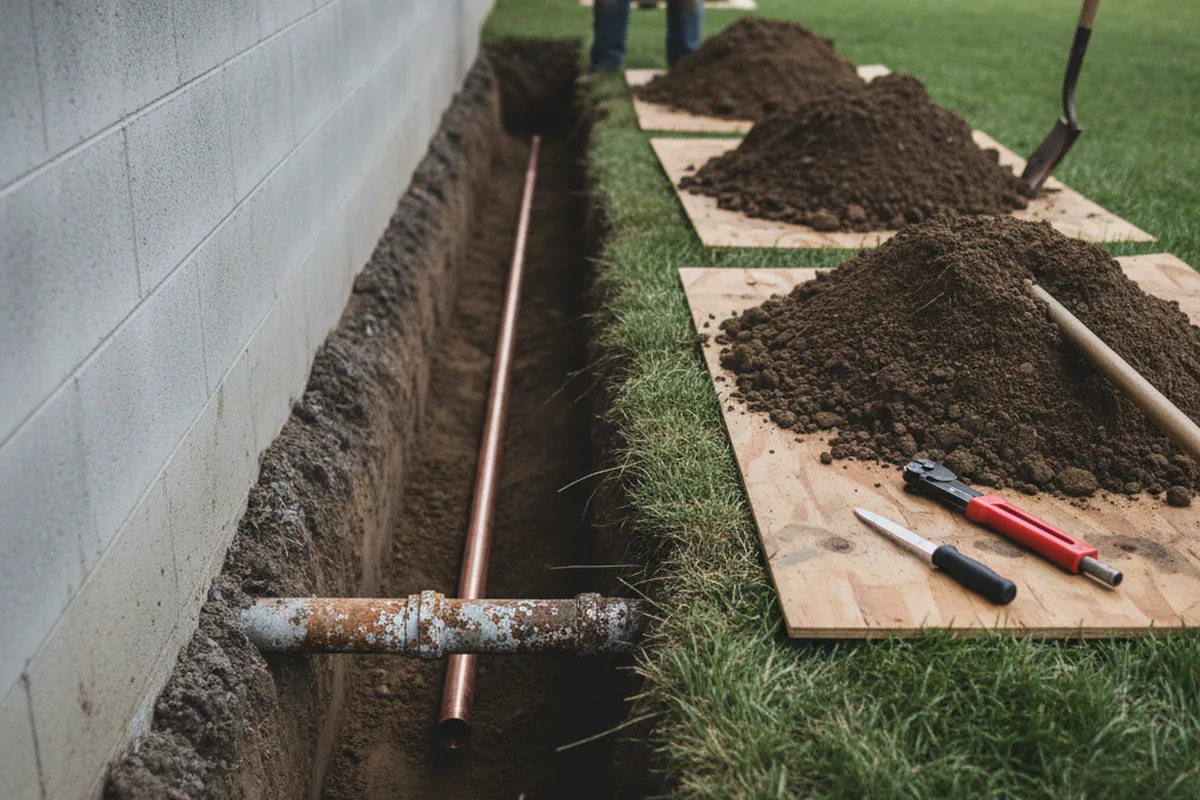 Excavated water line trench during Water Softener Installation in Oldtown